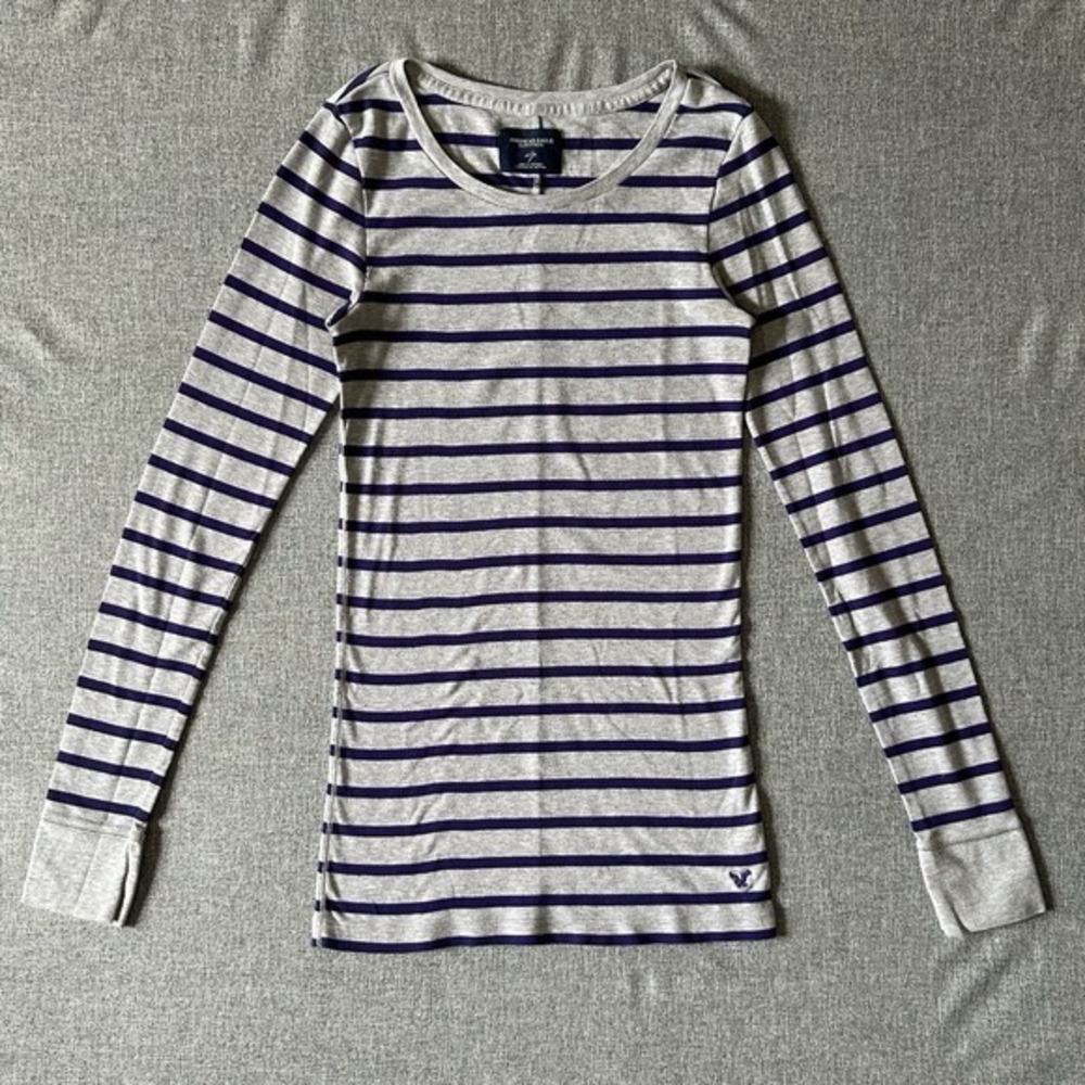 Y2K Gray Purple Striped Long Sleeve Shirt American Eagle Small Fitted‎